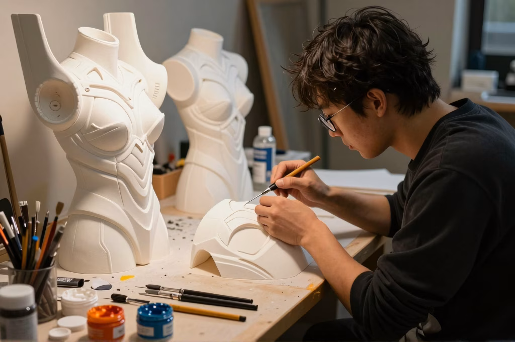 Cosplayer créant une armure détaillée en mousse EVA dans un atelier créatif avec outils et fournitures de peinture