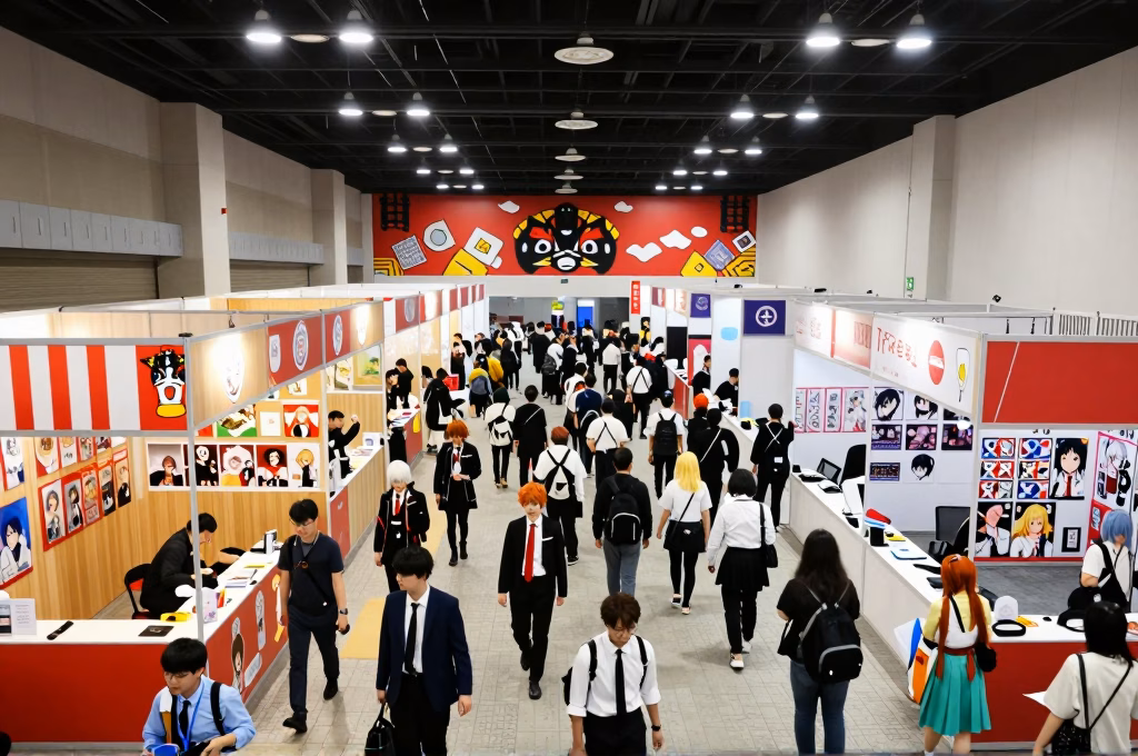 Vue panoramique d'une grande convention anime avec cosplayers défilant dans les halls décorés, affiches manga et atmosphère de festival