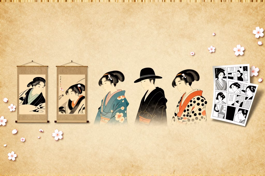 Composition artistique montrant l'évolution de l'art manga japonais des estampes traditionnelles aux pages modernes avec fleurs de cerisier