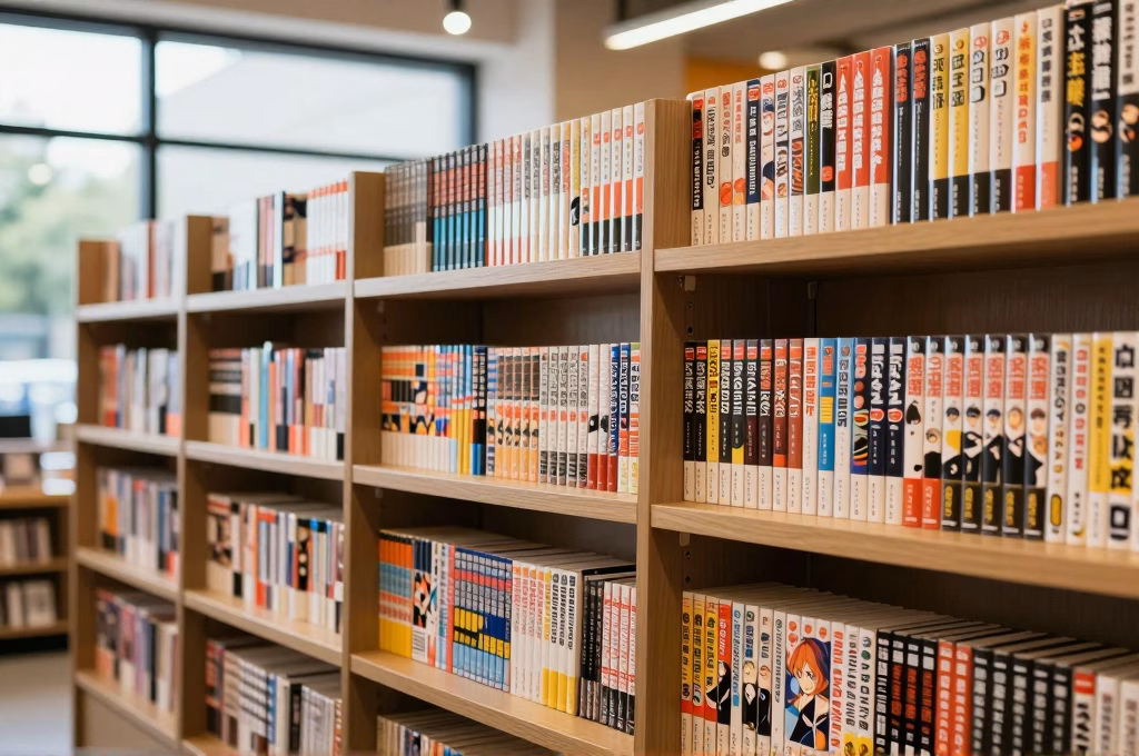 Étagères de librairie moderne remplies de volumes manga colorés représentant l'expansion mondiale du manga japonais