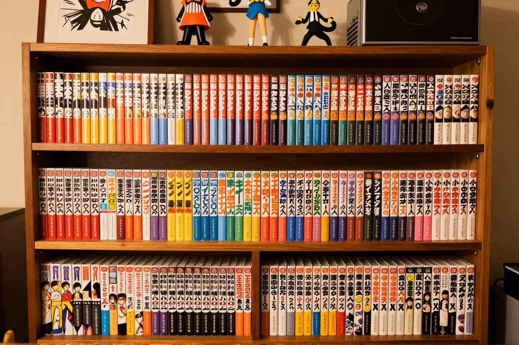 Collection de volumes manga shonen colores soigneusement ranges sur des etageres en bois dans une ambiance otaku chaleureuse