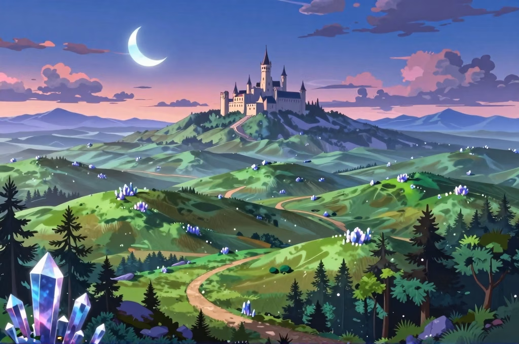Un magnifique paysage de monde fantastique avec collines verdoyantes, chateau medieval au loin, deux lunes dans un ciel crepusculaire colore, cristaux magiques et foret enchantee