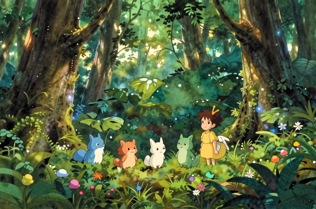 Forêt enchantée style Studio Ghibli avec créatures mystiques et lumière douce