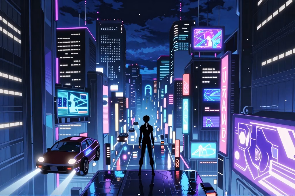 Tokyo cyberpunk futuriste style anime avec néons et architecture sci-fi
