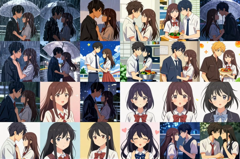 Illustration des différents sous-genres d'anime romance : school life, drame, isekai et slice of life