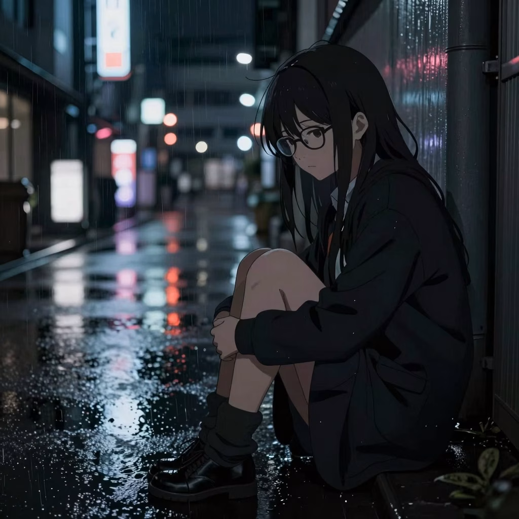 Scène urbaine nocturne anime style seinen, ambiance contemplative du manga Metamorphosis