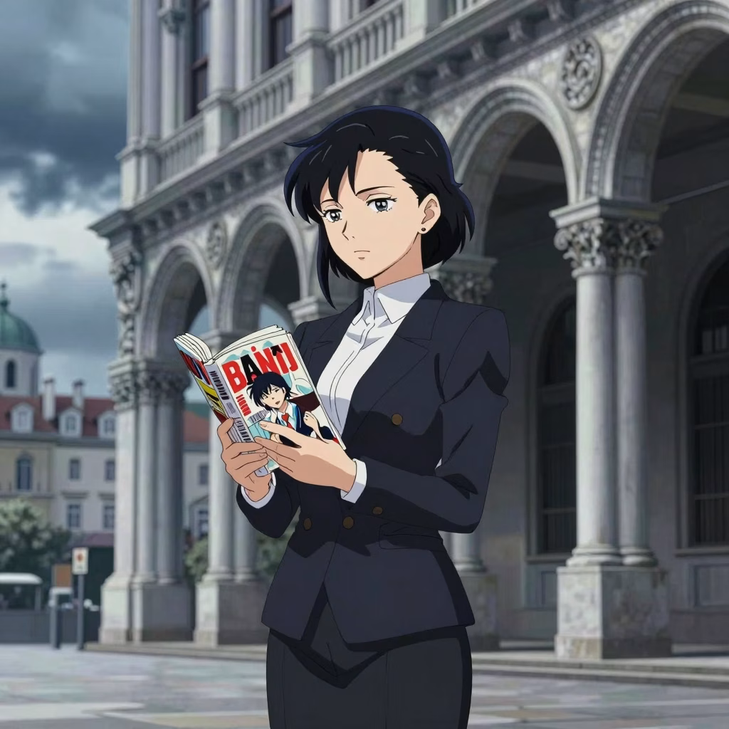 Illustration anime montrant le contraste entre culture manga et architecture européenne