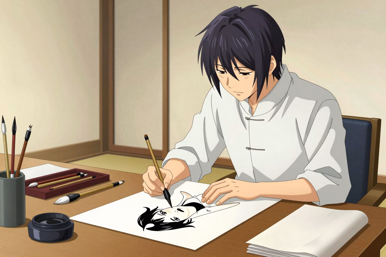 Artiste manga au travail dans un studio japonais traditionnel