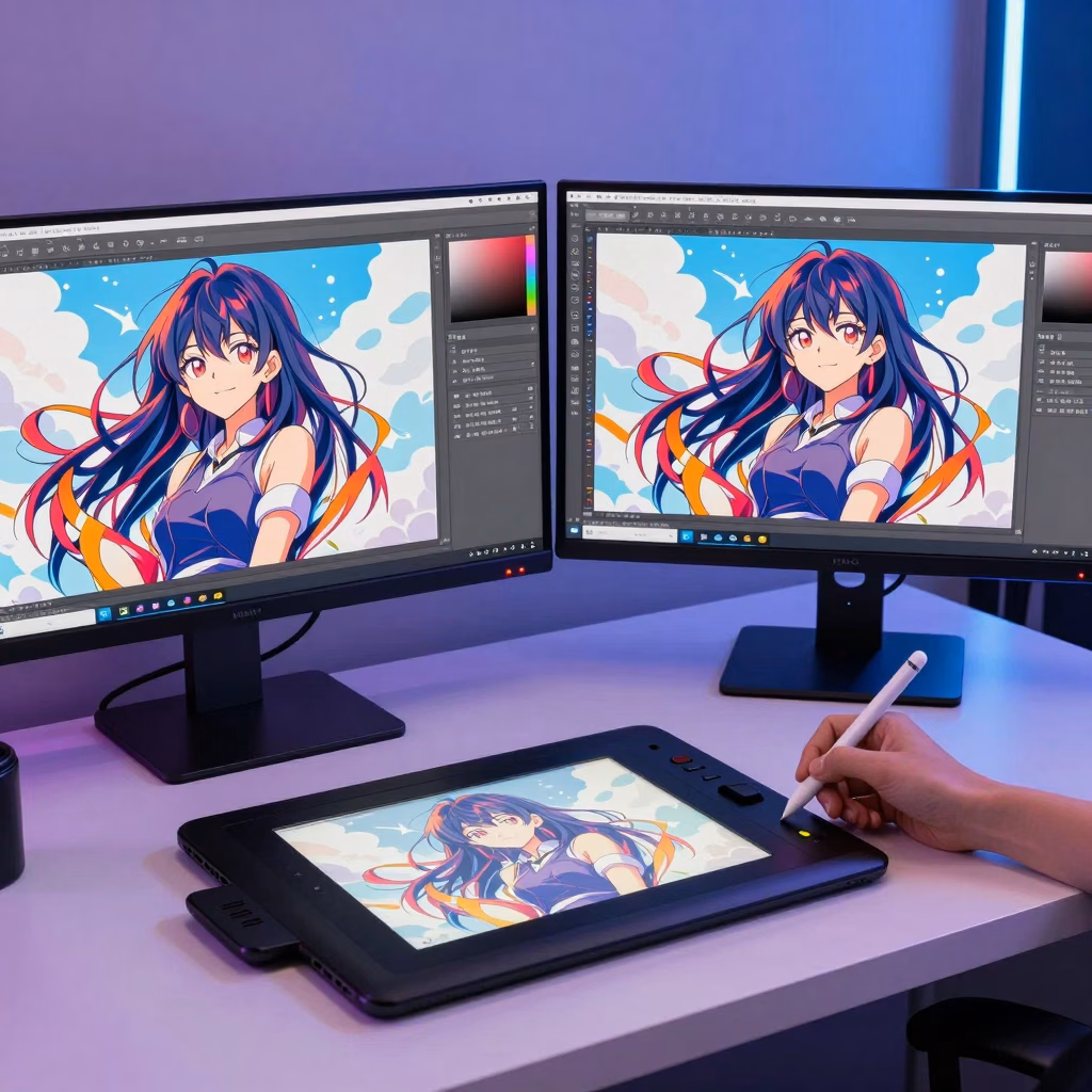 Espace de travail numérique avec tablette graphique pour dessiner du hentai