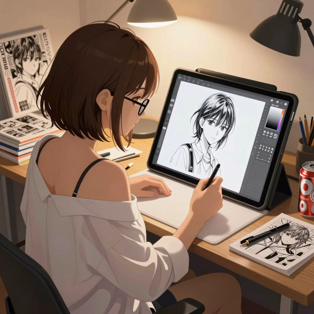 Artiste créant un doujinshi avec tablette graphique dans son studio créatif