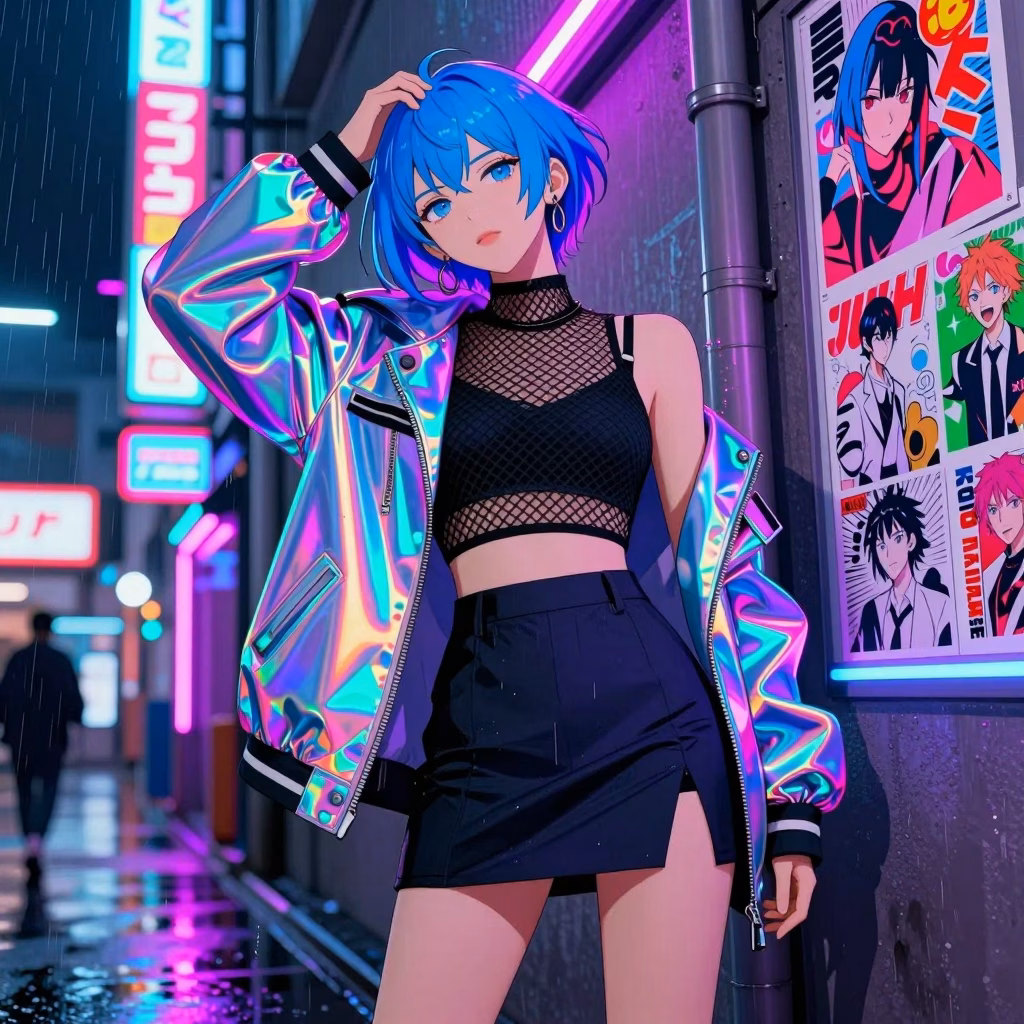 Futanari moderne : personnage anime androgyne dans Tokyo néon, fusion tradition et culture pop japonaise