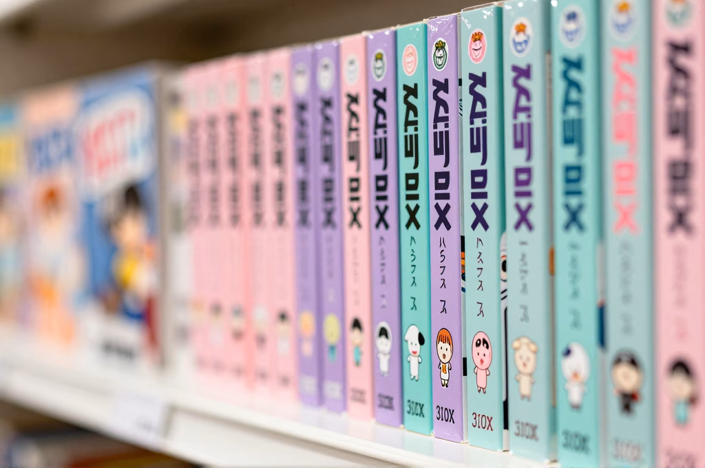 Collection de tranches de manga josei colorées dans une étagère de librairie spécialisée