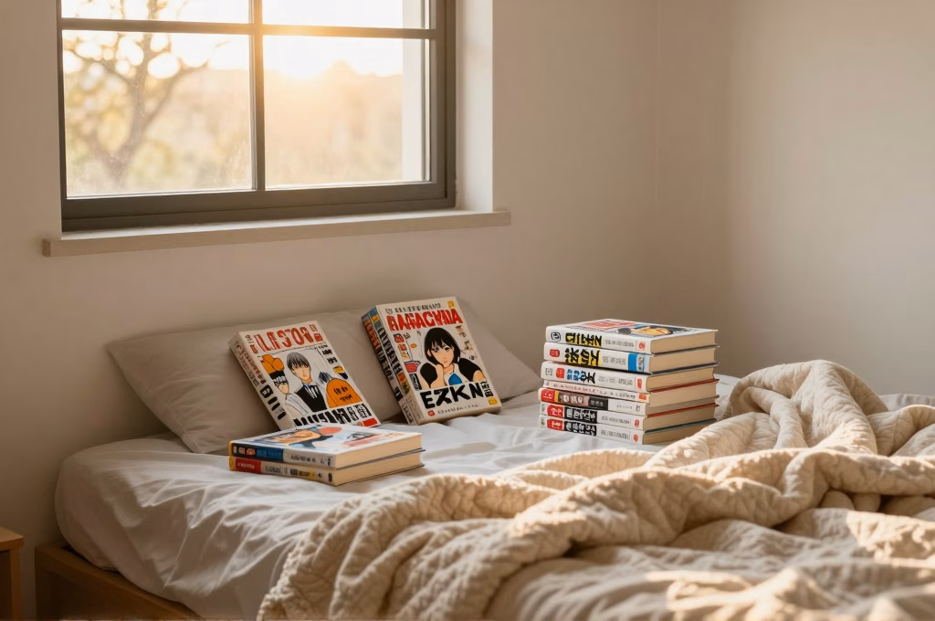 Coin lecture cozy avec manga josei et lumière dorée - atmosphère de découverte du genre