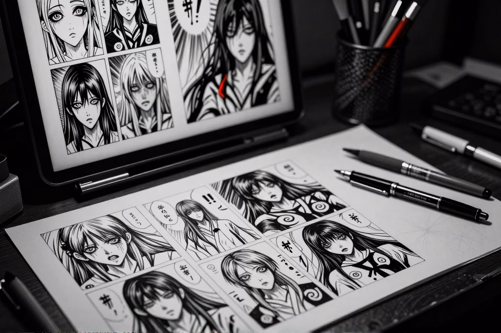 Atelier de mangaka specialise dans le manga horreur avec planches et croquis a l'encre de Chine