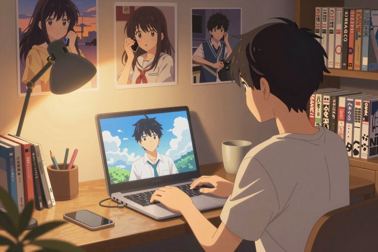 Illustration d'un amateur de manga dans une atmosphère confortable