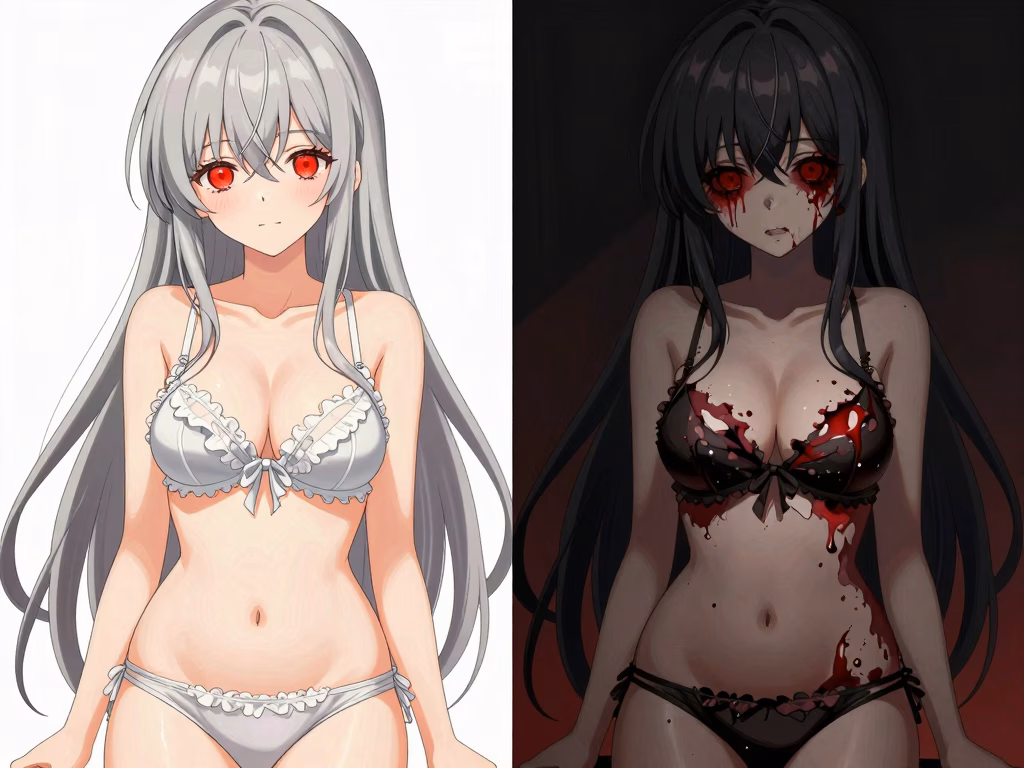 Illustration de la transformation yandere montrant la dualité entre phase dere adorable et phase yan obsessionnelle