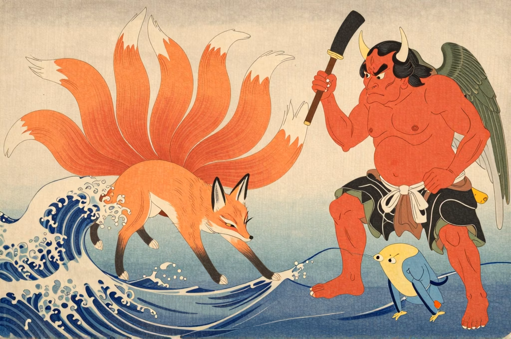 Illustration style ukiyo-e de yokai célèbres japonais - kitsune, oni, tengu et kappa
